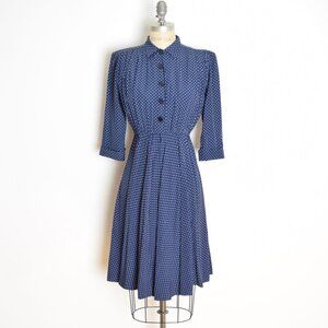 vintage 80s does 50s dress navy polka dot swing rockabilly shirtwaist full M